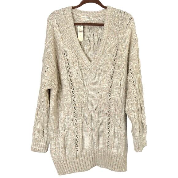 Anthropologie V-Neck Drama Cable Knit Tunic Sweater Womens XL Oversized Soft NEW - Picture 1 of 6